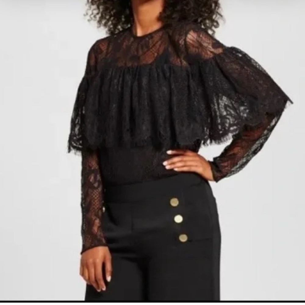 Who What Wear Black Sheer Ruffled Blouse